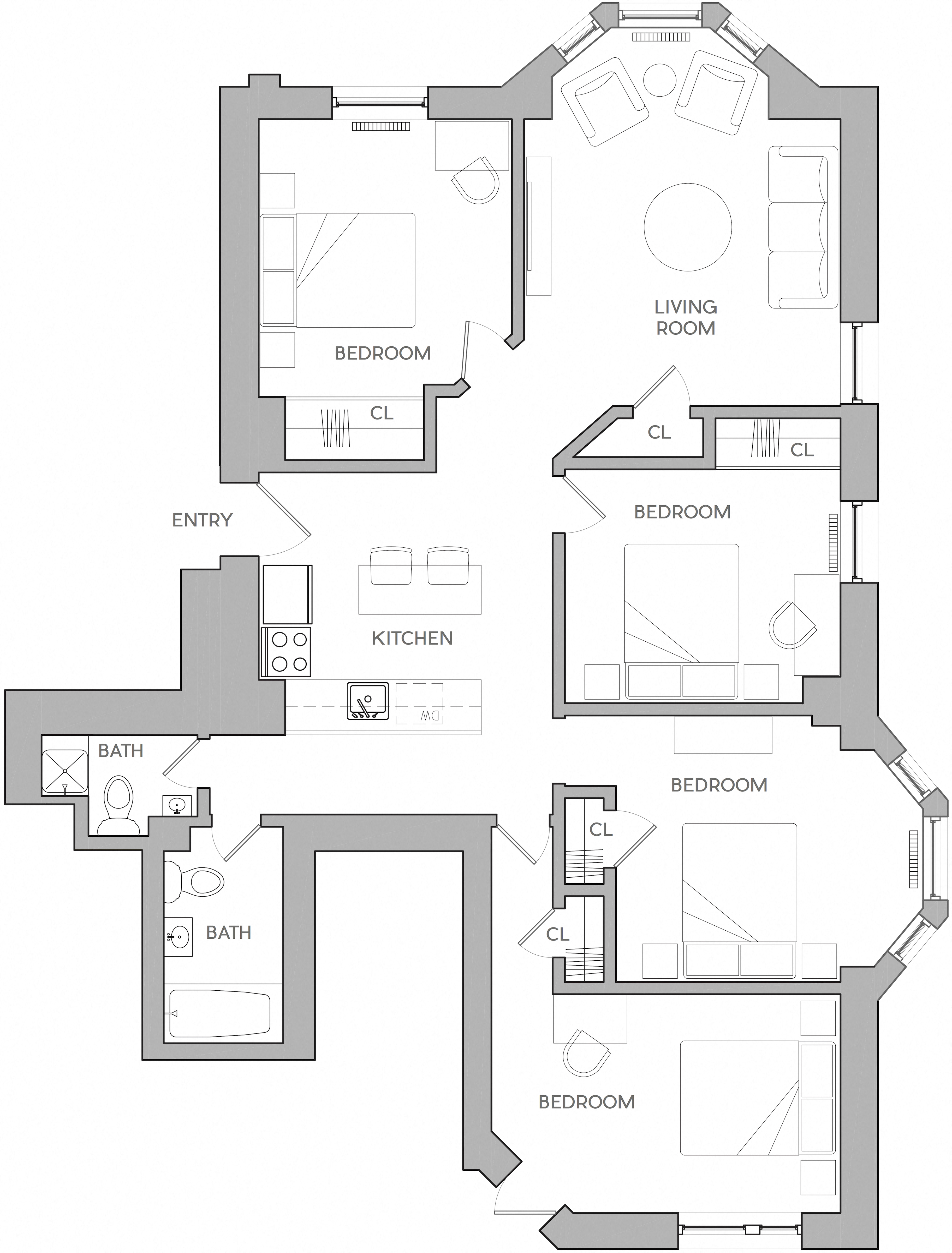 Floor plan for 4 beds, 2 baths, 1450 sqft